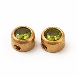 Olive Drab Eco-Friendly 304 Stainless Steel Beads, with Glass, Flat Round, Olive Drab, 6x4mm, Hole: 1.2mm