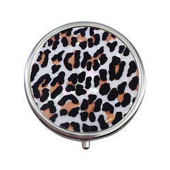 Others Portable Stainless Steel Pill Box, with Shell and Mirror, 3 Grids Multi-use Travel Storage Boxes, Flat Round, Leopard Print, 5x1.4cm