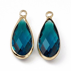 Blue Zircon K9 Glass Pendants, Teardrop Charms, Faceted, with Light Gold Tone Brass Edge, Blue Zircon, 24.5x10.5x5.5mm, Hole: 2.3mm