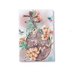 Orange Embossed Flower Printed Acrylic Pendants, Rectangle Charms with Musical Instruments Pattern, Orange, 45x30x2.3mm, Hole: 1.6mm