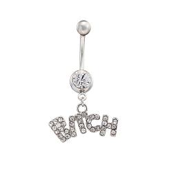 Platinum Platinum Plated Piercing Jewelry Brass Cubic Zirconia Navel Ring Navel Ring Belly Rings, with 304 Stainless Steel Bar, Word Bitch, 23x40mm, Bar Length: 3/8"(10mm), Bar: 14 Gauge(1.6mm)