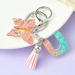 Letter U Resin & Acrylic Keychains, with Alloy Split Key Rings and Faux Suede Tassel Pendants, Letter & Butterfly, Letter U, 8.6cm