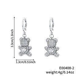 Серебро Милые мультяшные медвежонки латунные серьги-кольца, со стразами, серебряные, 33x13 мм