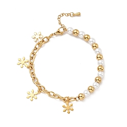 Golden 201 Stainless Steel Snowflake Charm Bracelet, Plastic Pearl Beaded Bracelet with Vacuum Plating 304 Stainless Steel Cable Chains for Women, Golden, 7-1/2 inch(19cm)