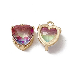 Rose Heart K9 Glass Charms, Faceted, with Light Gold Tone Brass Findings, Rose, 13x10.5x5mm, Hole: 1.6mm