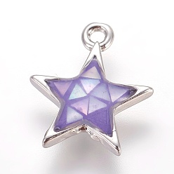 Lilac Brass Enamel Charms, with Freshwater Shell, Star, Platinum, Lilac, 13x11x2.5mm, Hole: 1.2mm