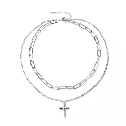 Stainless Steel Color Non-Tarnish 304 Stainless Steel Double Chains Multi Layered Necklace with Cross Charms for Women, Stainless Steel Color, 16.34 inch(41.5cm)