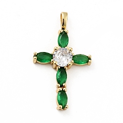 Green Rack Plating Brass Micro Pave Cubic Zirconia Pendants, Long-Lasting Plated, Lead Free & Cadmium Free, Cross, Real 18K Gold Plated, Religion, Green, 28.5x17x5mm, Hole: 2.5x4mm