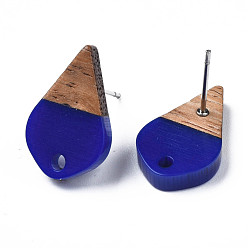 Dark Blue Opaque Resin & Walnut Wood Stud Earring Findings, with 304 Stainless Steel Pin and Hole, Two Tone, Teardrop, Dark Blue, 17.5x11mm, Hole: 1.8mm, Pin: 0.7mm