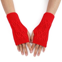 Red Acrylic Fiber Yarn Knitting Fingerless Gloves, Winter Warm Gloves with Thumb Hole, Red, 200x70mm