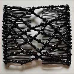 Black Plastic Hair Bun Makers, Stretch Double Hair Combs, with Glass Bead, Black, 75x107mm