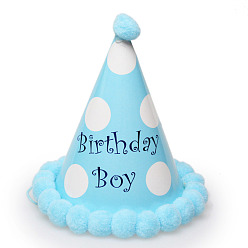 Светло-Голубой Слово день рождения мальчик бумажная вечеринка шляпы конус, с помпонами, для украшения дня рождения, Небесно-голубой, 125x200 мм