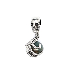 Indian Agate Halloween Skull Natural Indian Agate Alloy Pendants, Skeleton Hand Charms with Gems Sphere Ball, Antique Silver, 43x19mm