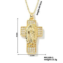 Прозрачный Европейские и американские латунные ожерелья с подвесками в виде креста Девы Марии с кубическим цирконием, золотые, прозрачные, 15.75 дюйм (40 см)
