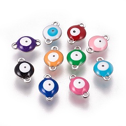 Mixed Color 304 Stainless Steel Enamel Links connectors, Flat Round with Evil Eye, Stainless Steel Color, Mixed Color, 12x8x4mm, Hole: 1.4mm