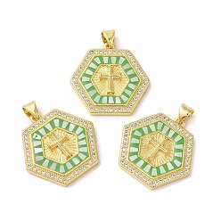 Зеленый лайм Латунные микропаве прозрачные подвески с фианитом, с эмалью и ракушкой, долговечный, без свинца и без кадмия, реальный 18 k позолоченный, шестиугольник с крестом, зеленый лайм, 24x24x4 мм, отверстие : 5x3.5 мм