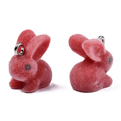 Indian Red Flocky Resin Pendants, with Platinum Plated Iron Loops, Rabbit, Indian Red, 18x16.5x11mm, Hole: 2.5mm