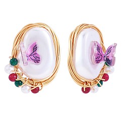 Colorful Shell Pearl with Acrylic Butterfly Stud Earrings, Golden Brass Wire Wrap Jewelry for Women, Colorful, 19x17mm, Pin: 0.7mm