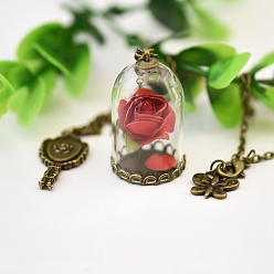FireBrick Butterfly & Key & Glass Dried Flower Wishing Bottle Pendant Necklace, with Antique Bronze Alloy Cable Chains, FireBrick, 33.46 inch(85cm)