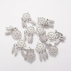 Нержавеющая Сталь Цвет Не тускнеющие 304 подвески из нержавеющей стали, тканая сеть / паутина с пером, цвет нержавеющей стали, 31x14x1 мм, отверстие : 1.5 мм