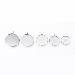 Stainless Steel Color 304 Stainless Steel Pendant Cabochon Settings, Plain Edge Bezel Cups, Flat Round, Stainless Steel Color, Tray: 12mm, 18x14x2mm, Hole: 2mm