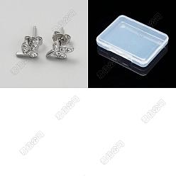 Platinum 1 Pair Brass Rhinestone Stud Earrings, Leaf, Platinum, 9x6mm