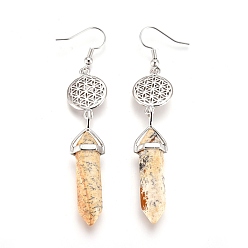 Picture Jasper Pointed Bullet Natural Picture Jasper Dangle Earrings, with Brass Earring Hooks and Flat Round with Flower of Life Links, Platinum, 77mm, Pin: 0.7mm