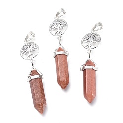 Goldstone Synthetic Goldstone Pointed Big Pendants, with Platinum Plated Brass Findings, Faceted, Bullet & Tree of Life, 59~67x14~15mm, Hole: 7x5mm