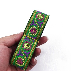 Green 6.5M Ethnic Style Flat Embroidery Polyester Ribbons, Jacquard Ribbon, Garment Accessories, Flower Pattern, Green, 1-1/4 inch(33mm), about 7.11 Yards(6.5m)/Bundle