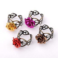 Mixed Color Adjustable Aluminum Rose Flower Ring, with Brass Finding, Antique Bronze, Mixed Color, 20mm