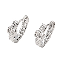 Real Platinum Plated Brass Micro Pave Cubic Zirconia Hoop Earrings, Rectangle, Real Platinum Plated, 15.5x5.5x13.5mm