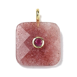 Клубничный Кварц Граненые подвески из натурального клубничного кварца, Квадратные подвески с латунным покрытием, инкрустированные кубическим цирконием., золотые, 33~34x25~25.5x7~8 мм, отверстие : 4 мм
