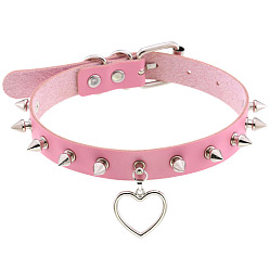Pink Punk Rivet Spike Lock Collar Chain Necklace with Soft Girl Peach Heart Pendant