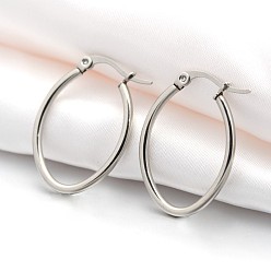 Stainless Steel Color 201 Stainless Steel Hoop Earrings, with 304 Stainless Steel Pin, Hypoallergenic Earrings, Oval, Stainless Steel Color, 28.5x20x2mm, 12 Gauge, Pin: 1x0.6mm