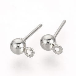 Platinum Iron Ball Stud Earring Findings, with Loop, Nickel Free, Platinum, 6.5x4mm, Hole: 1mm, Pin: 0.8mm