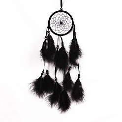 Black Polyester Woven Web/Net with Feather Wind Chime Pendant Decorations, with ABS Ring, Wood Bead, for Garden, Wedding, Lighting Ornament, Black, 110mm