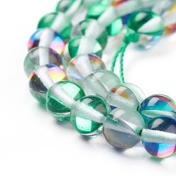 Vert Mer Moyen Brins synthétiques de perles de lune, perles holographiques, teint, ronde, vert de mer moyen, 6mm, Trou: 1mm, Environ 60~62 pcs/chapelet, 14~15 pouce