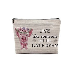 Pig Flax Makeup Storage Bag, Multi-functional Travel Toilet Bag, Clutch Bag with Zipper for Women, Pig, 18x25cm