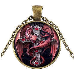 Antique Bronze Dark Red Dragon Theme Glass Flat Round Pendant Necklace with Alloy Chains, Antique Bronze, 27.56 inch(70cm)