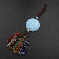 Opalite Opalite Carved Flat Round with Tree of Life Pendant Decoratons, Braided Thread and Chakra Gemstone Chip Tassel for Bag Key Chain Hanging Ornaments, 140mm