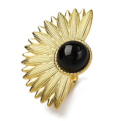 Black Onyx Круглые кольца на палец из натурального черного оникса, полуцветок золотистого тона 304 манжеты из нержавеющей стали для женщин, половина цветка: 26.5x39.5мм, размер США 6 (16.5 мм)
