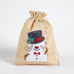 Snowman Christmas Theme DIY 5D Diamond Painting Gift Bag Kits, including Linen Bag, Resin Rhinestones, Diamond Sticky Pen, Tray Plate and Glue Clay, Snowman Pattern, 200x145mm