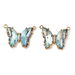 Light Cyan Brass Pave Faceted Glass Connector Charms, Golden Tone Butterfly Links, Light Cyan, 17.5x23x5mm, Hole: 0.9mm