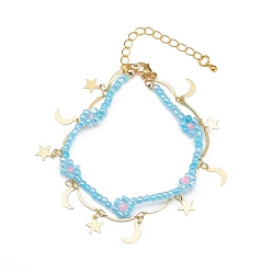 Pale Turquoise Brass Moon and Star Charms & Seed Flower Double Layer Multi-strand Bracelet for Women, Pale Turquoise, 7-5/8 inch(19.5cm)
