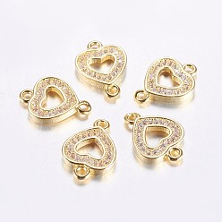 Real 18K Gold Plated Long-Lasting Plated Brass Micro Pave Cubic Zirconia Links, Clear, Hollow Heart, Real 18K Gold Plated, 14.5x10.5x2mm, Hole: 1.5mm