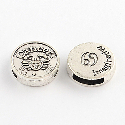 Cancer Antique Silver Plated Tibetan Style Flat Round Alloy Slide Charms, with Constellation/Zodiac Sign, Cadmium Free & Lead Free, Cancer, 17~18x5mm, Hole: 11x3mm, about 282pcs/1000g