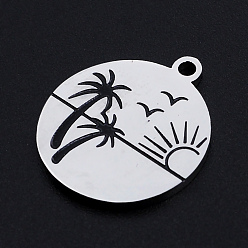 Stainless Steel Color 201 Stainless Steel Etched Pendants, Flat Round with Coconut Tree, Beach, Stainless Steel Color, 22x19x1.5mm, Hole: 1.8mm