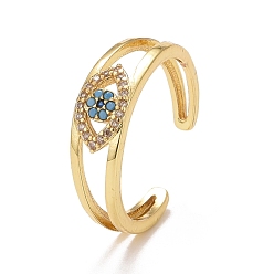 Aquamarine Rhinestones Evil Eye Open Cuff Ring, Brass Hollow Ring for Women, Golden, Aquamarine, US Size 7 1/4(17.5mm)