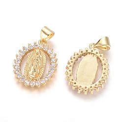 Clear Brass Micro Pave Cubic Zirconia Pendants, Lady of Guadalupe Charms, Long-Lasting Plated, Oval with Virgin Mary, Golden, Clear, 20x15x2.5mm, Hole: 5x3mm