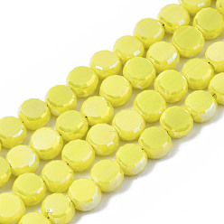 Yellow Electroplate Glass Beads Strands, AB Color Plated, Faceted, Flat Round, Yellow, 5.5x6x3.5mm, Hole: 1.2mm, about 98~100pcs/strand, 19.84~21.65 inch(50.4cm~55cm)